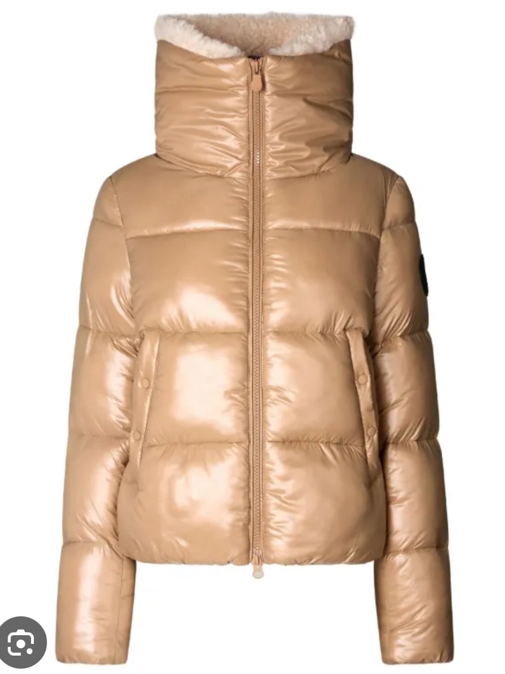SAVE THE DUCK Beige Gloss Puffer Jacket with High Collar
